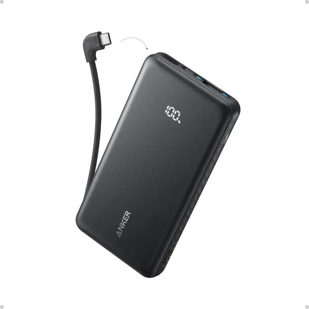 باور بانك أنكر زولو بسعة 10,000 مللي أمبير بقدرة 22.5 واط مع كيبل USB-C مدمج — اللون الأسود.
