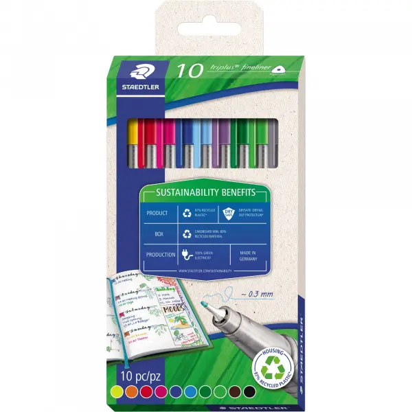 STAEDTLER Triplus Fineliner 334 RC10 Roll Case - 10 Assorted Colors 0.3mm