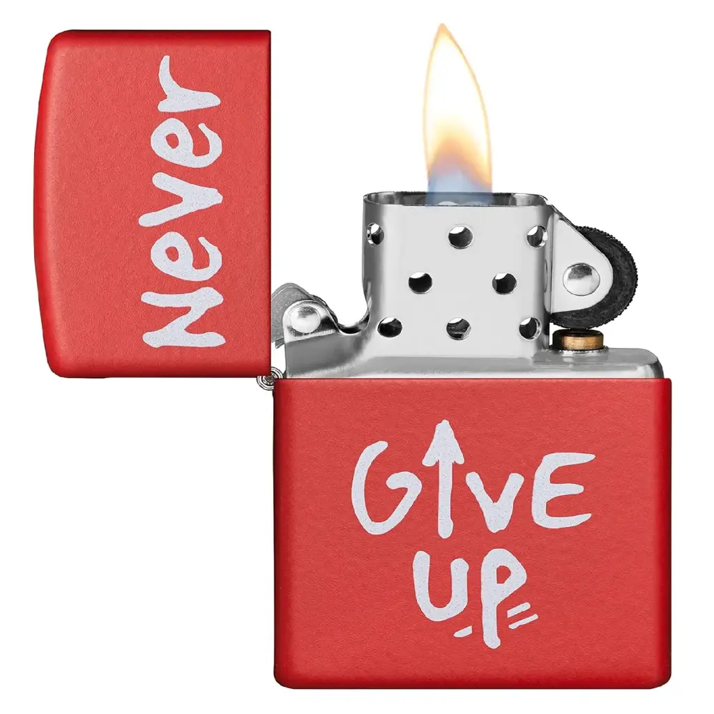 ولاعة زيبو مقاومة للرياح – سليم كروم "Slim Chrome" بتصميم "Never Give Up" – 233-CI412257