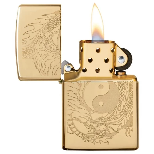 ولاعة زيبو المقاومة للرياح – "Armor Brushed Brass" – تصميم التنين والنمر (Tiger Dragon) – 49024-254B