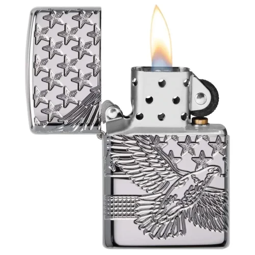 ولاعة زيبو المقاومة للرياح – "Brushed Chrome" – تصميم النسر الوطني (Patriotic Eagle) – 49027-167