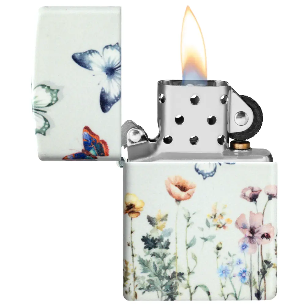 Zippo Windproof Lighter – High Polish Chrome – Butterflies & Flowers Design – 46703