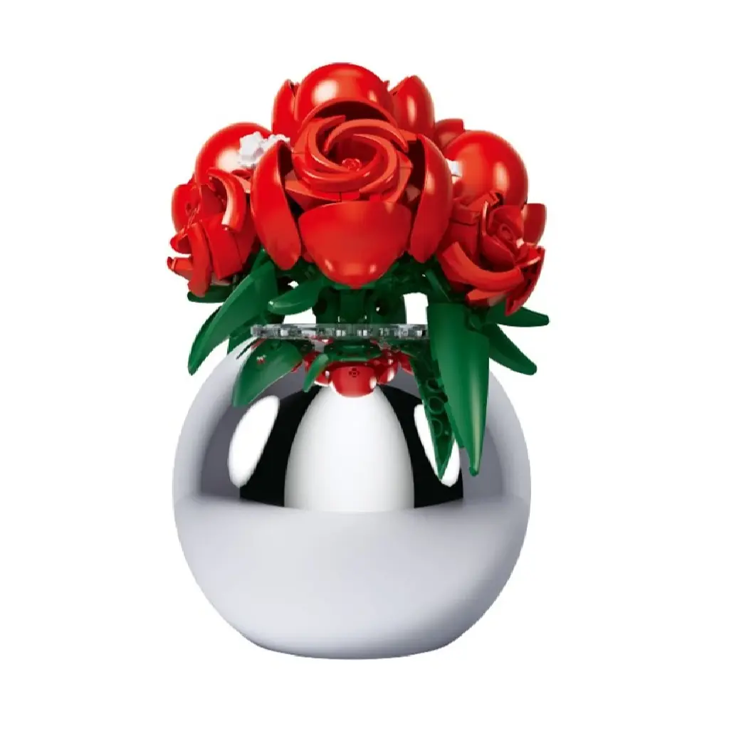 مجموعة مكعبات بناء زهور الورد الأحمر مع مزهرية مطلية من سلوبان بلايريد - 313 قطعة