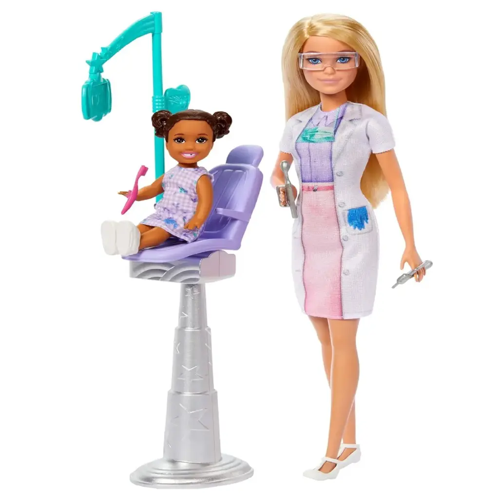 طقم لعب دمية باربي "طبيبة الأسنان" - بيضاء