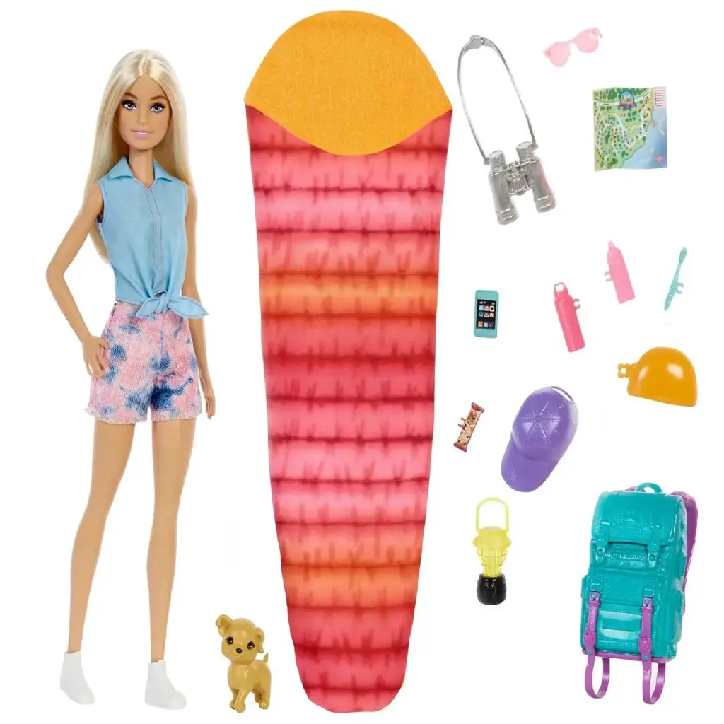 دمية باربي التخييم "ماليبو" مع حيوان أليف وإكسسوارات
