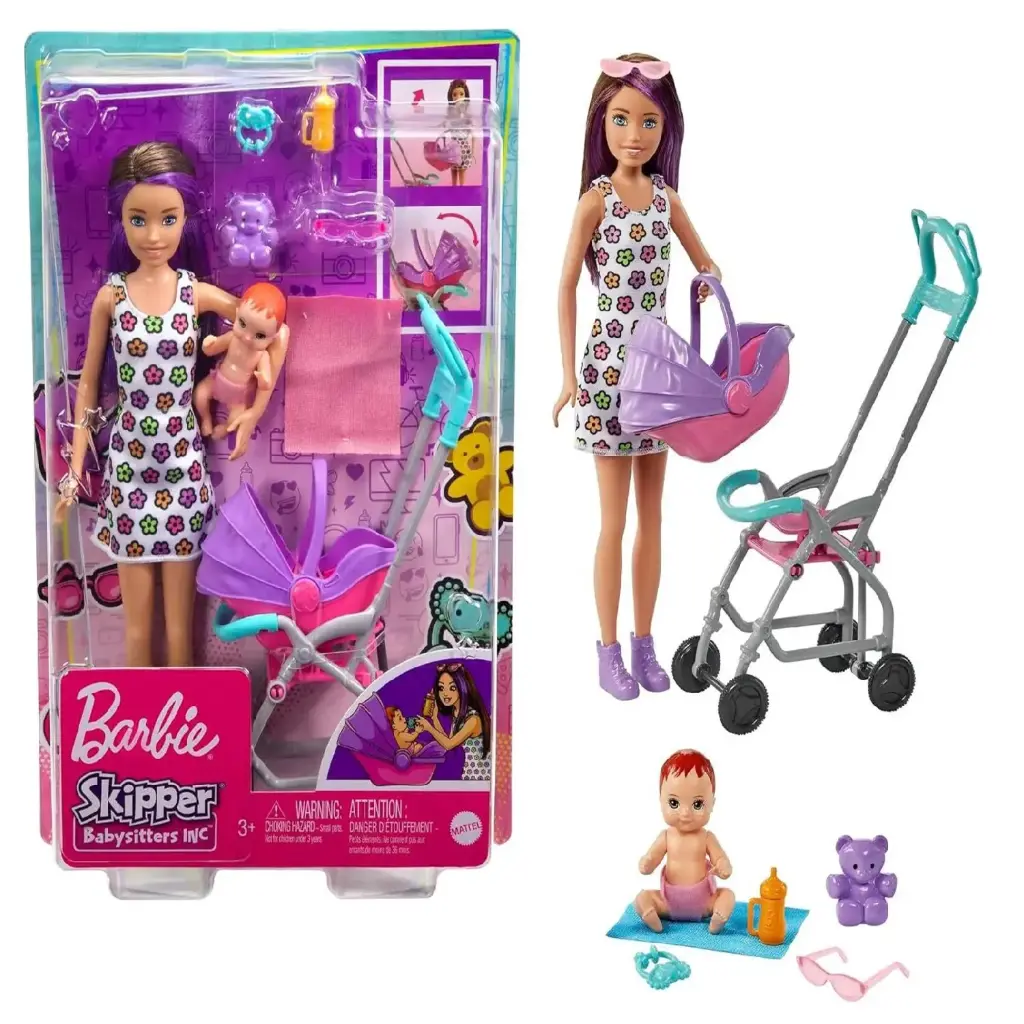 دمية باربي سكيبر جليسة الأطفال مع عربة طفل
