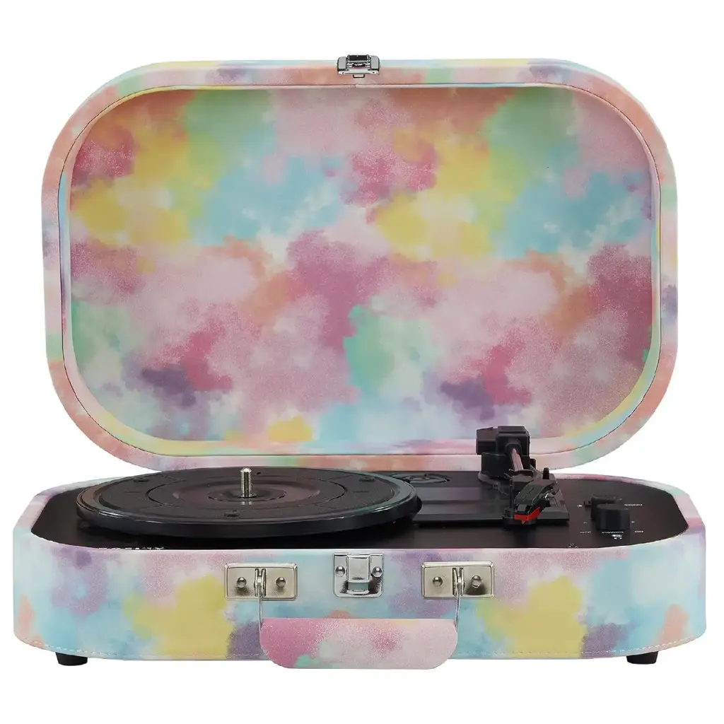 مشغل أسطوانات الفينيل "كروسلي ديسكفري" بتصميم الحقيبة العتيق مع 3 سرعات وخاصية استقبال وإرسال البلوتوث - بنقشة ألوان الربط (Tie-Dye)