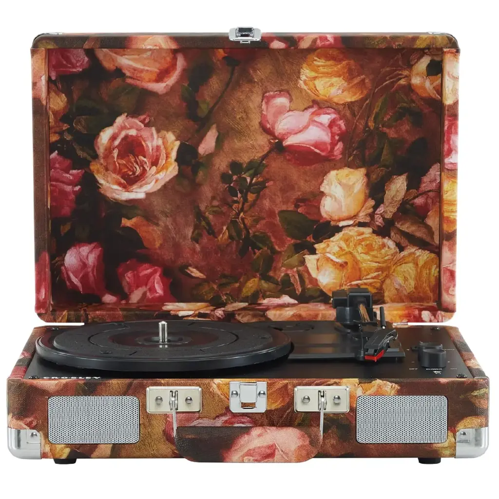 مشغل أسطوانات الفينيل "كروسلي كروزر بلس" بتصميم الحقيبة العتيق مع 3 سرعات وخاصية استقبال وإرسال البلوتوث - بنقشة الزهور