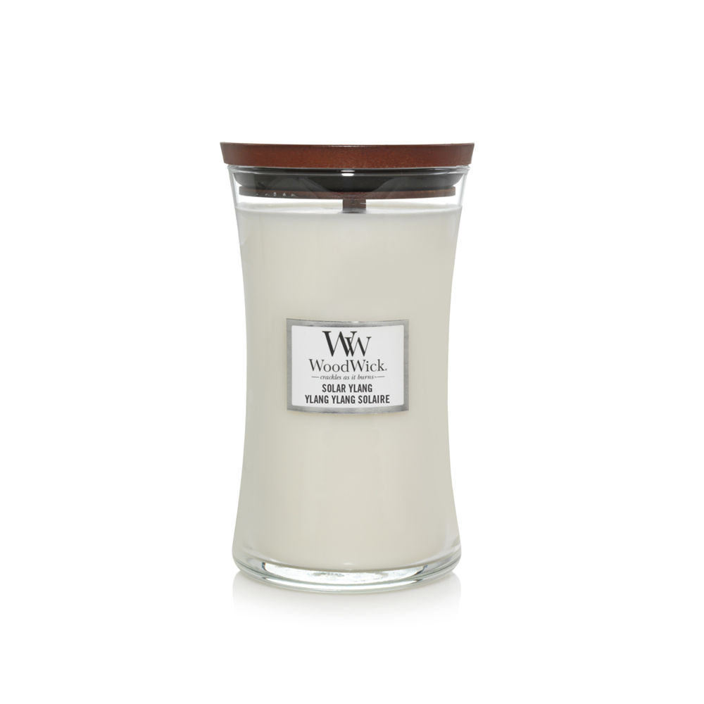 شمعة "وود ويك" (WoodWick) كبيرة بتصميم الساعة الرملية - زهرة اليلانج الشمسية