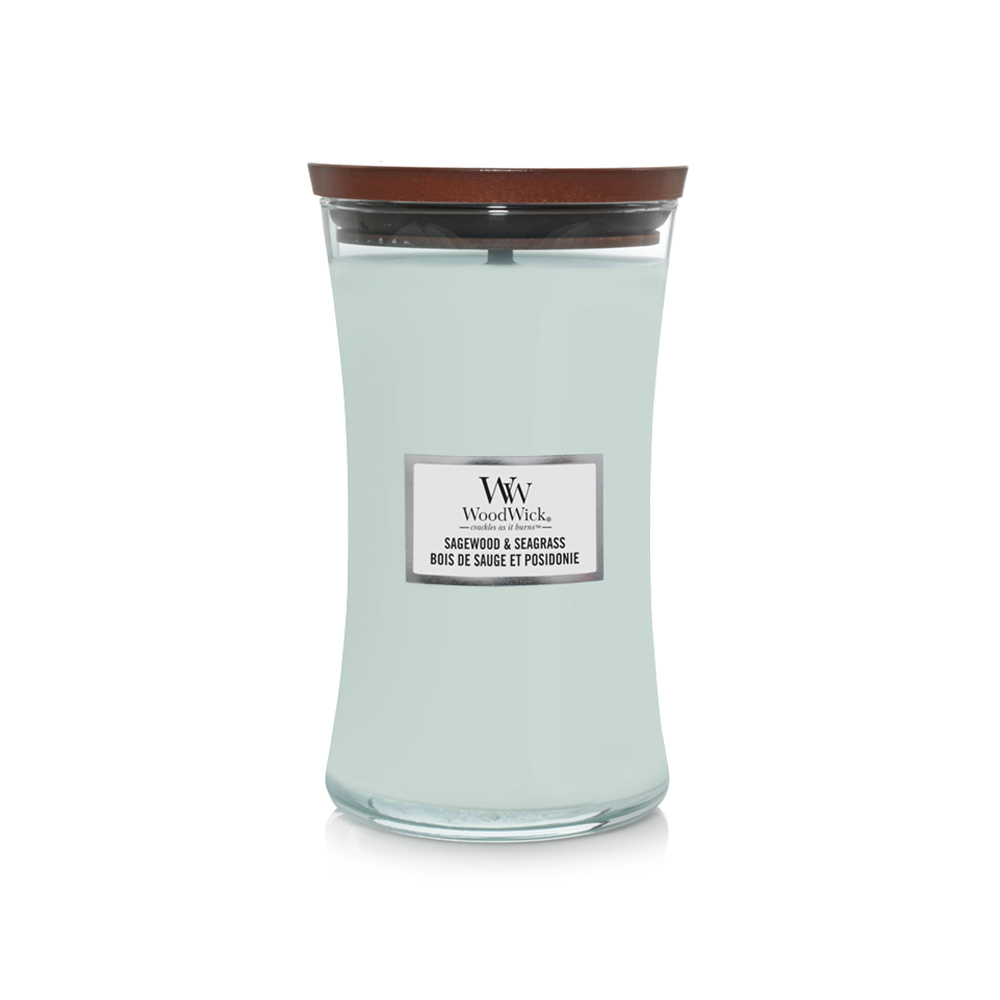 شمعة "وود ويك" (WoodWick) كبيرة بتصميم الساعة الرملية - خشب الميرمية وعشب البحر