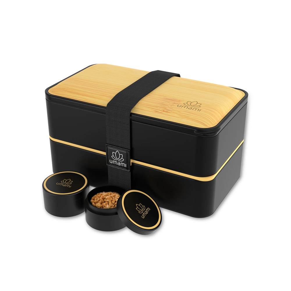 صندوق غداء "أومامي بينتو" (Umami Bento) طقم مزدوج - لون أسود وخشب الخيزران