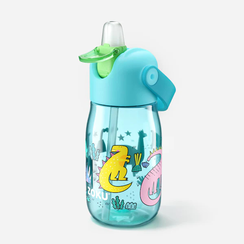 Zoku Kids Flip Straw Bottle 400ml - Teal Dino