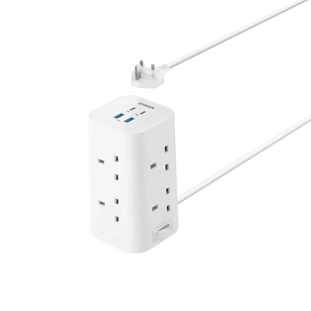 موصل طاقة "أنكر" (Anker Power Strip) بتصميم 12 في 1، بقدرة 20 واط، يضم 8 منافذ AC و4 منافذ USB - بلون أبيض