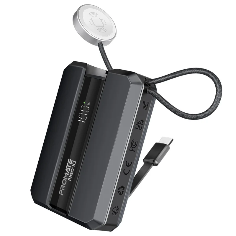 Promate Neo-10 10000mAh 30W Power Bank with Built-in USB-C Cable & Apple Watch Charger - Grey