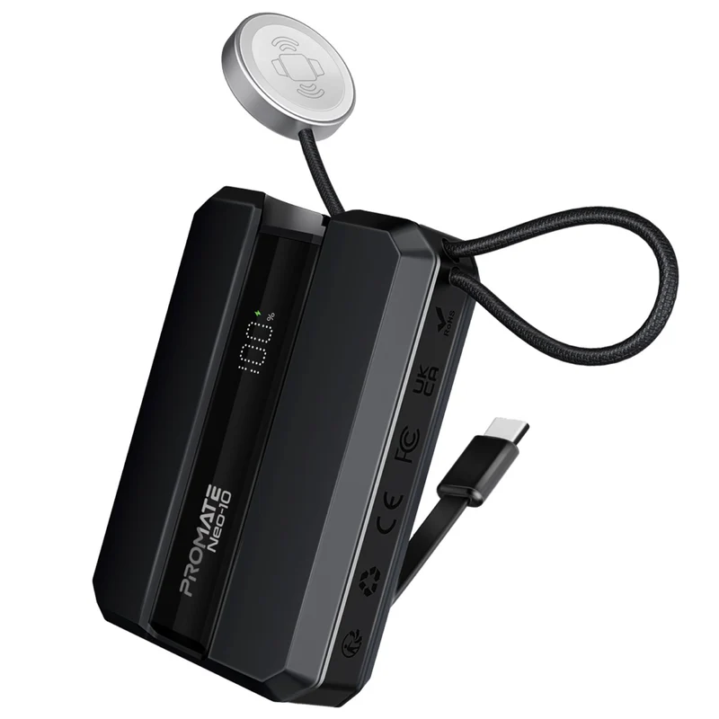 بروميت (Neo-10) بنك طاقة (Power Bank) بسعة 10000 مللي أمبير وقوة 30 واط مع كابل USB-C مدمج وشاحن لساعة آبل - أسود