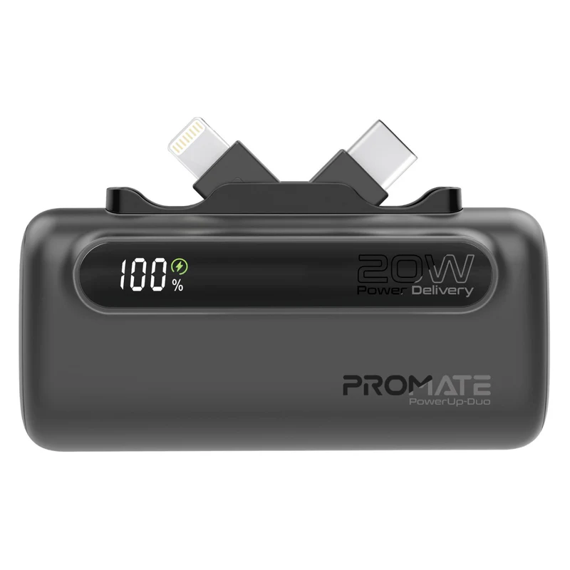Promate PowerUp-Duo 5000mAh 20W Power Bank with USB-C & Lightning Foldable Connectors - Black