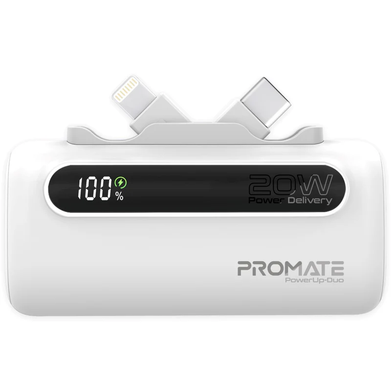 بروميت (PowerUp-Duo) بنك طاقة بسعة 5000 مللي أمبير وبقدرة 20 واط، مزود بموصلات (USB-C) و (Lightning) قابلة للطي - أبيض