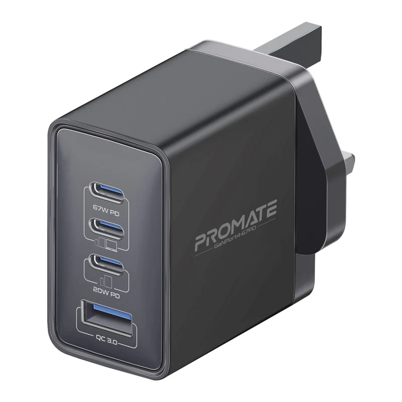 Promate GaNPort4-67PD 67W 4-Port GaN Charger - Black UK Plug