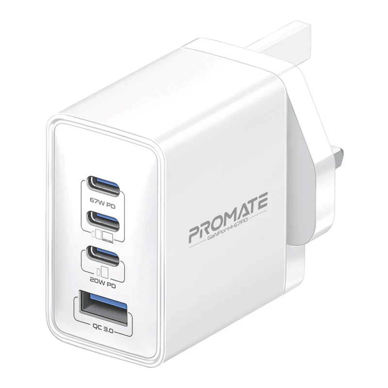 Promate GaNPort4-67PD 67W 4-Port GaN Charger - White UK Plug