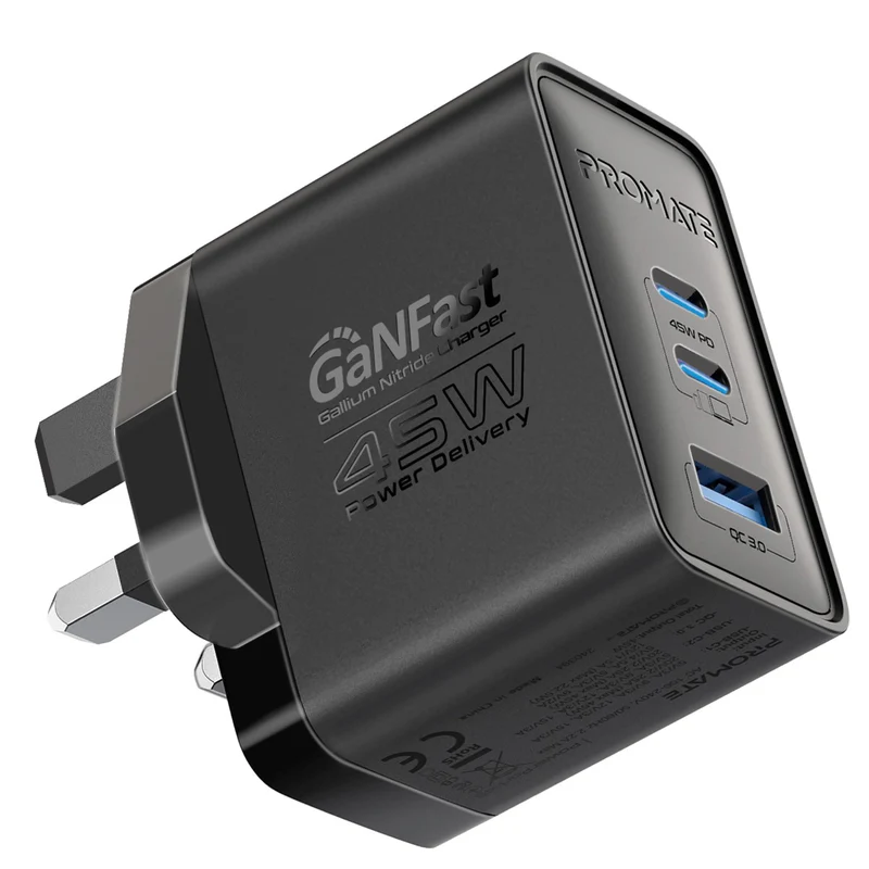 بروميت (PowerPort-45) شاحن (GaNFast) ثلاثي المنافذ بقدرة 45 واط - قابس بريطاني (UK)، أسود