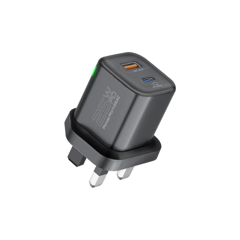 بروميت (PowerPort-25AC) شاحن جداري ثنائي المنافذ بقدرة 25 واط - قابس بريطاني (UK)، أسود