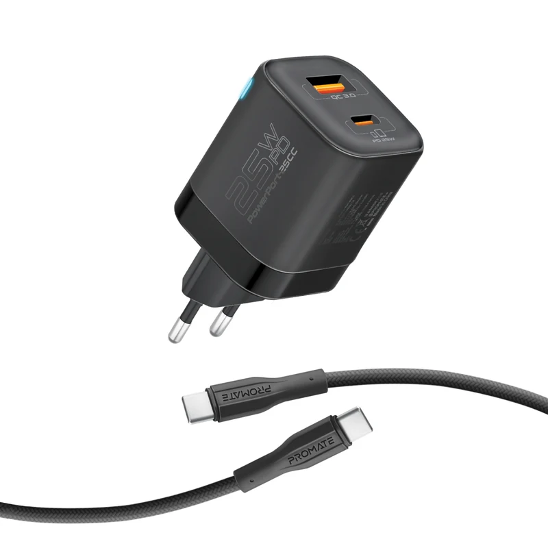 Promate PowerPort-25CC 25W Dual Port Charger Combo with 60W USB-C Cable