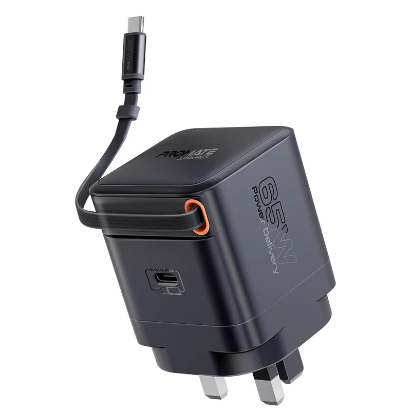 Promate Cubix-R65 65W GaNFast Charger with Retractable USB-C Cable - Black