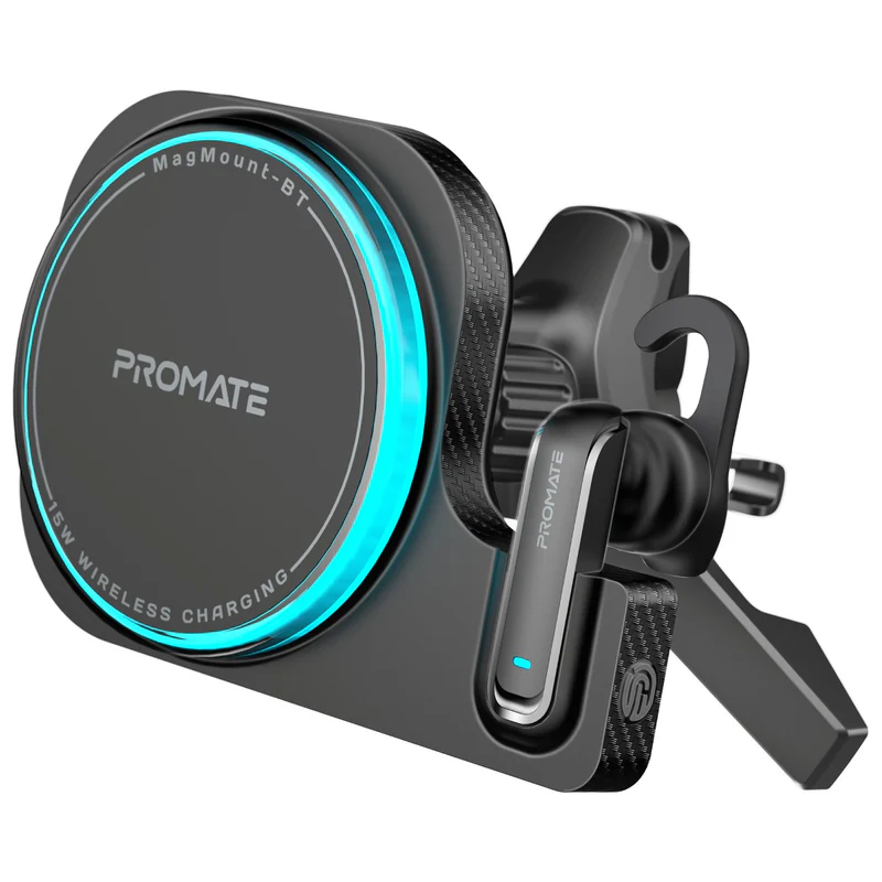Promate MagMount-BT 2-in-1 15W MagSafe Wireless Car Charger with Built-in ENC Mono Earphone