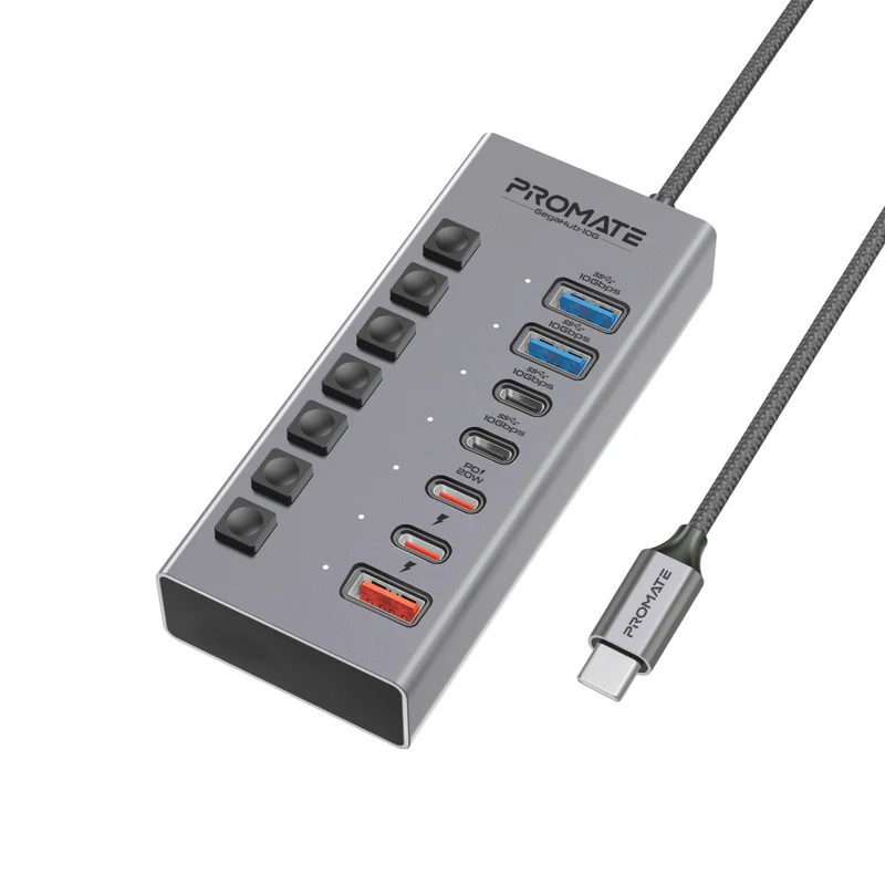 بروميت (GegaHub-10G) موزع بيانات وشحن 7 في 1 بمنفذ USB-C وسرعة 10 جيجابت في الثانية، بقدرة 36 واط