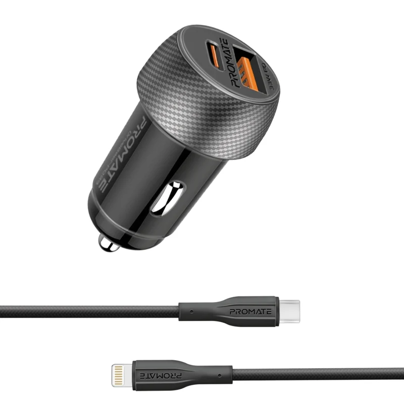 بروميت (DriveGear-33Ci) شاحن سيارة ثنائي المنافذ بقوة 33 واط مع تقنية (Power Delivery)، يتضمن كابل (USB-C) إلى (Lightning)