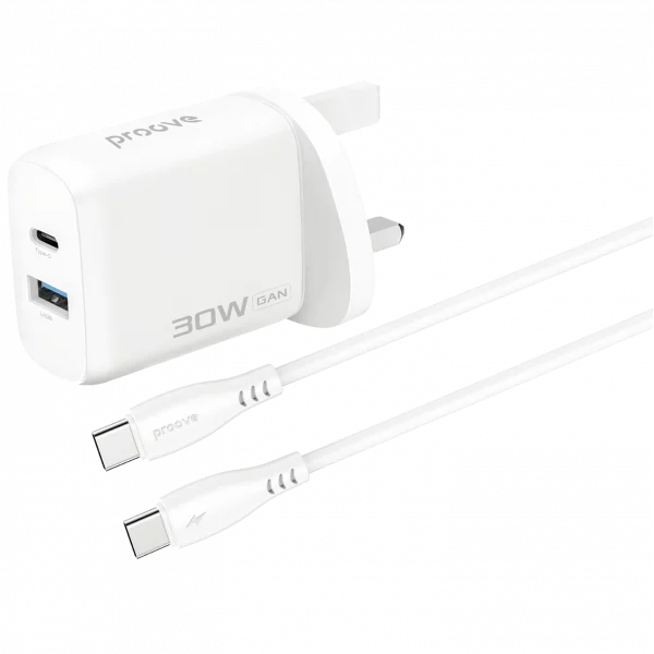بروفي (Proove Silicone Power 2) شاحن جداري بقدرة 30 واط (Type-C + USB) مع كابل (Type-C to Type-C) بقدرة 60 واط (1 متر) بقابس بريطاني (UK) - أبيض