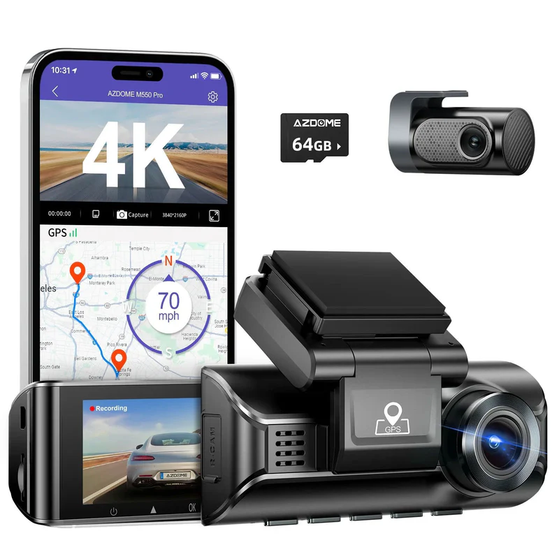 أزدومي M550 Pro كاميرا داش كام بـ 2 قناة ودقة 4K مع بطاقة ذاكرة 64 جيجابايت