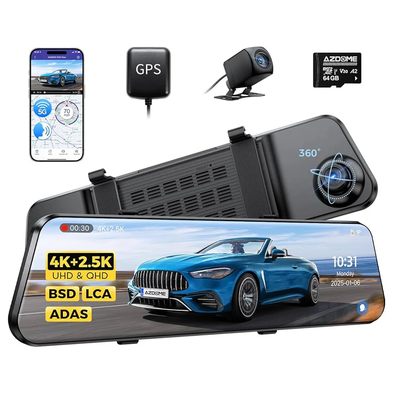 Azdome mirror DashCam PG17 MAX 2 Channels 4K with 64GB TF Card