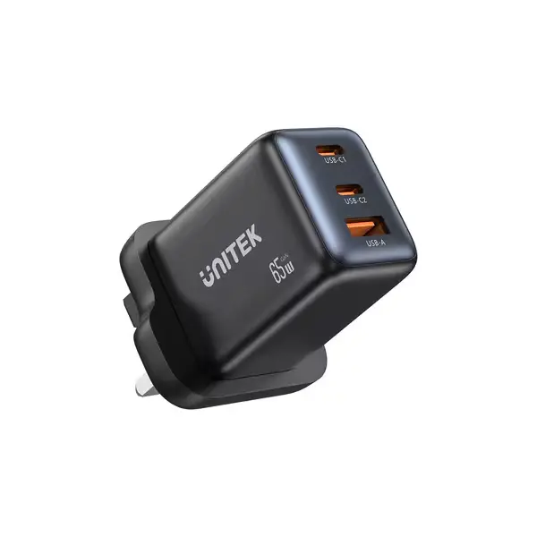 UNITEK Zeno P1130ABK 65W 3-Port GaN Wall Charger - 2x USB-C + USB-A, UK Plug, Black