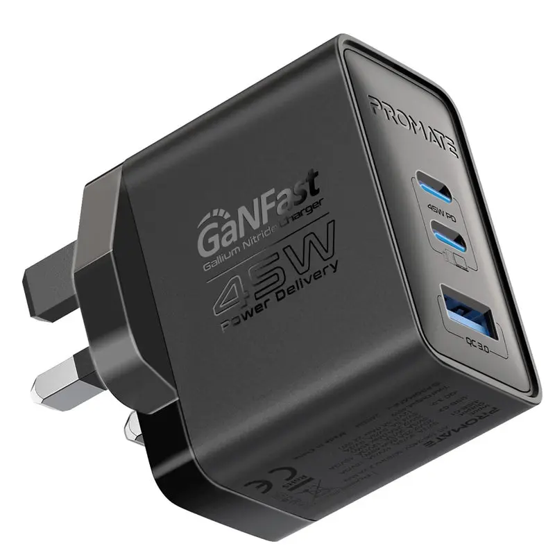 بروميت PowerPort-45 شاحن GaNFast ثلاثي المنافذ 45 واط - أبيض قابس بريطاني