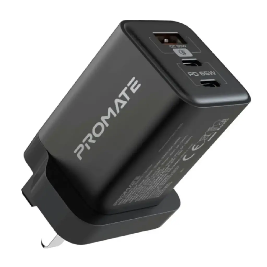 بروميت PowerPort-65 شاحن حائط GaNFast مزدوج يو إس بي-سي 65 واط - أسود قابس بريطاني