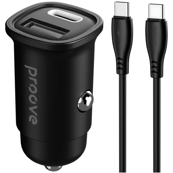 بروفي فلاش شاحن سيارة 30 واط (Type-C + USB) مع كابل من Type-C إلى Type-C - أسود