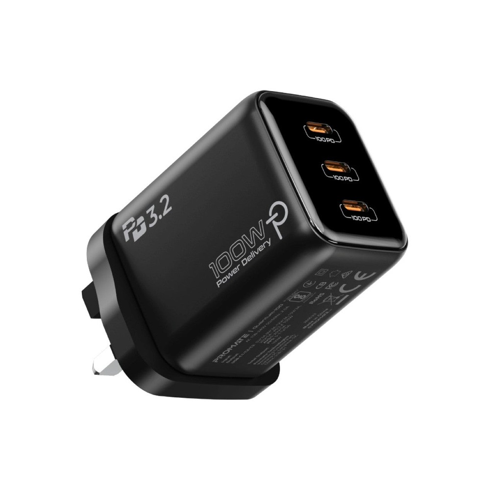 بروميت Quantum-100 شاحن GaN USB-C بقوة 100 واط مع 3 منافذ USB-C - أسود قابس بريطاني