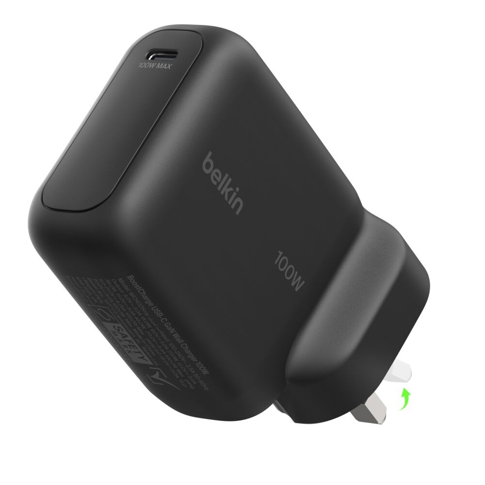 شاحن حائط بيلكن BoostCharge USB-C بتقنية GaN وقوة 100 واط مع قابس بريطاني قابل للطي - أسود