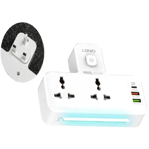 [DNA0028416] مقبس كهرباء LDNIO SC2311 بمأخذين كهربائيين وطقم مع 3 منافذ USB PD وQC3.0 بقوة 20 واط – أبيض