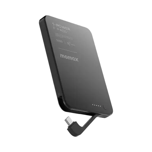 [DNA0028607] باور بانك ميني موماكس 1-Power بسعة 5,000 مللي أمبير مع كابل USB-C مدمج وقابل للطي – أسود
