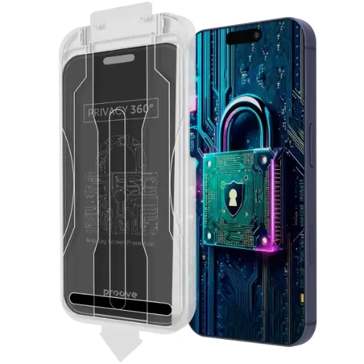 [DNA0028777] واقي شاشة زجاجي Proove Privacy 360 مع صندوق تركيب لهاتف آيفون 16 برو ماكس