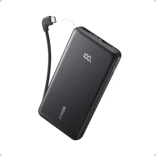 [DNA0030635] باور بانك أنكر زولو بسعة 10,000 مللي أمبير بقدرة 22.5 واط مع كيبل USB-C مدمج — اللون الأسود.