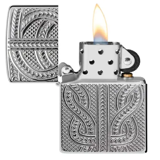 [DNA0032865] Zippo Windproof Lighter – Brushed Chrome – Greek Pattern Design – 167-AE400714