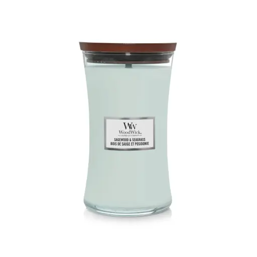 [DNA0040202] شمعة "وود ويك" (WoodWick) كبيرة بتصميم الساعة الرملية - خشب الميرمية وعشب البحر