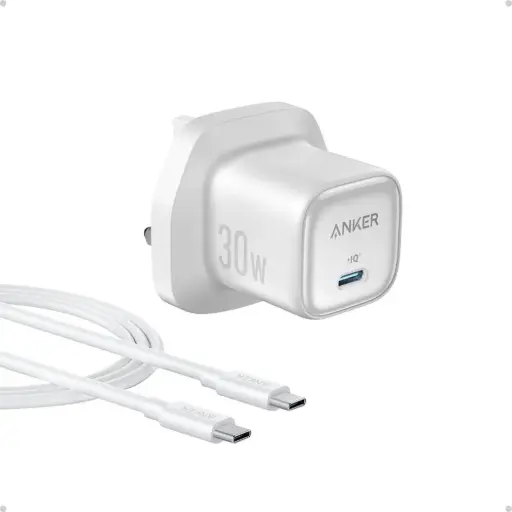 [DNA0040349] شاحن "أنكر زولو"  بقدرة 30 واط وتقنية PD 3.0، مع كابل من USB-C إلى USB-C بطول 1 متر - بلون أبيض
