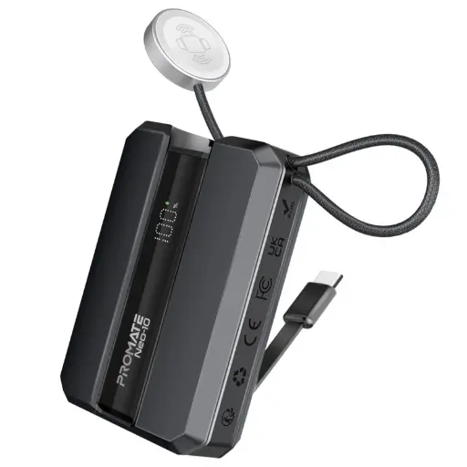 [DNA0041306] بروميت (Neo-10) بنك طاقة (Power Bank) بسعة 10000 مللي أمبير وقوة 30 واط مع كابل USB-C مدمج وشاحن لساعة آبل - رمادي
