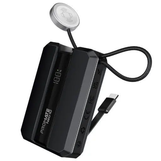 [DNA0041308] Promate Neo-10 10000mAh 30W Power Bank with Built-in USB-C Cable & Apple Watch Charger - Black