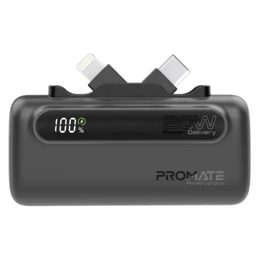 [DNA0041318] بروميت (PowerUp-Duo) بنك طاقة بسعة 5000 مللي أمبير وبقدرة 20 واط، مزود بموصلات (USB-C) و (Lightning) قابلة للطي - أسود