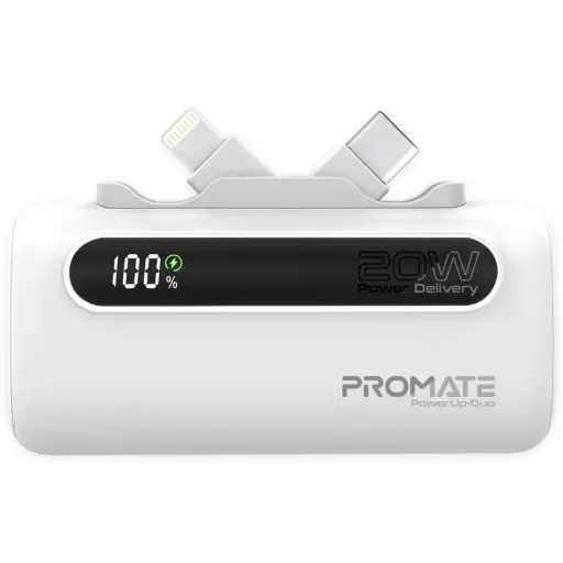 [DNA0041320] بروميت (PowerUp-Duo) بنك طاقة بسعة 5000 مللي أمبير وبقدرة 20 واط، مزود بموصلات (USB-C) و (Lightning) قابلة للطي - أبيض